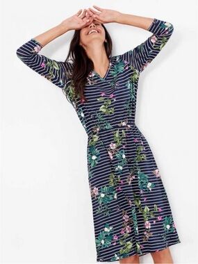 NEW Joules Jade Print V Neck Jersey Dress Blue Floral Stripe Midi US 10 NWOT